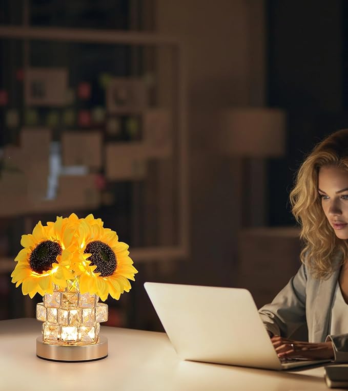 Sunflowers Lamp,Rechargeable Cordless Touch Lamp,3-Colour Infinitely Dimming Small Night Light,Crystal Table Lamp for Home Decor/Restaurant/Bar/Coffee Shop,Gifts for Women/Mom