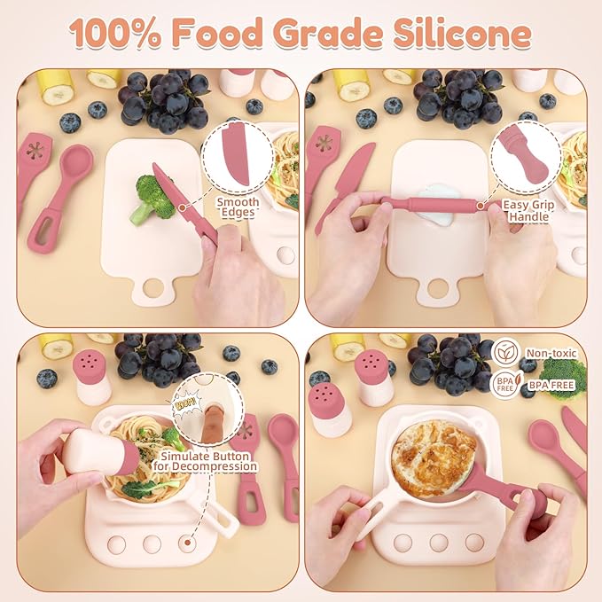 TYRY.HU Play Kitchen Accessories, 11Pcs BPA Free Silicone Pretend Play Food Sets, Play Kitchen Set,Play Kitchen Cooking Utensils Pots & Pans, Pretend Role Play Cooking Toys Gifts for Toddlers 1-3,Pink