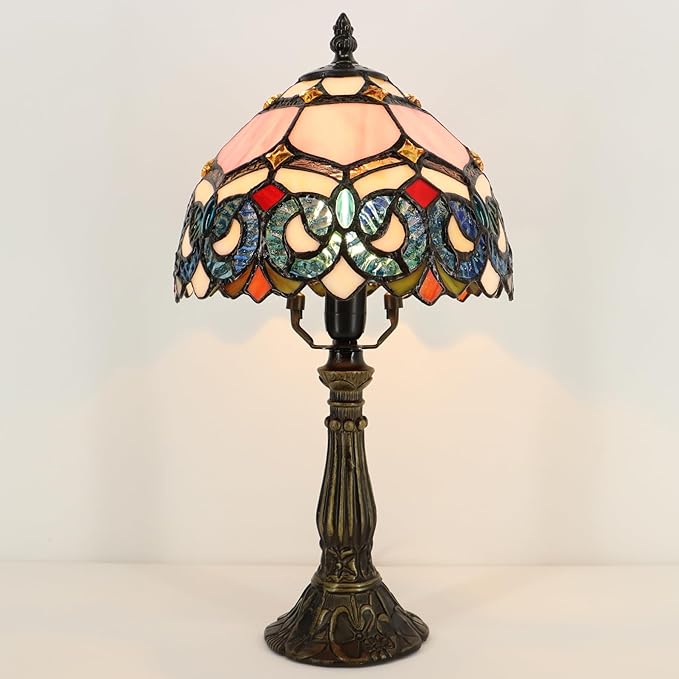 Small Tiffany Lamp Mini Accent Table Lamp Stained Glass Desk Memory Lamp Sympathy 8X14.5 Inch (Pink Baroque Style)
