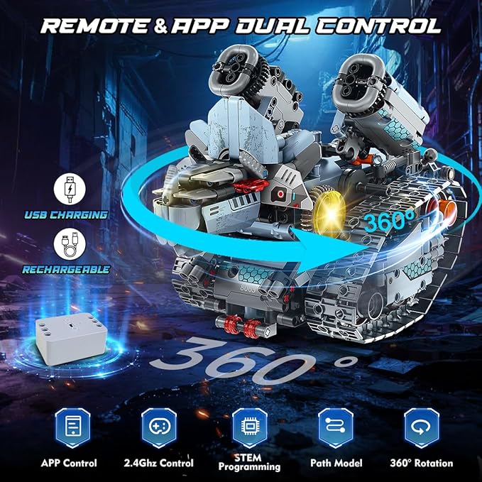 Robot Building Toy with Lights, 5 in 1 Robotic Building Set with APP & Remote Control, RC Tech Tracked Tank Car Fighter Jet Model Kit 795 PCS, Educational Gift for Kids Boys Girls Ages 14+