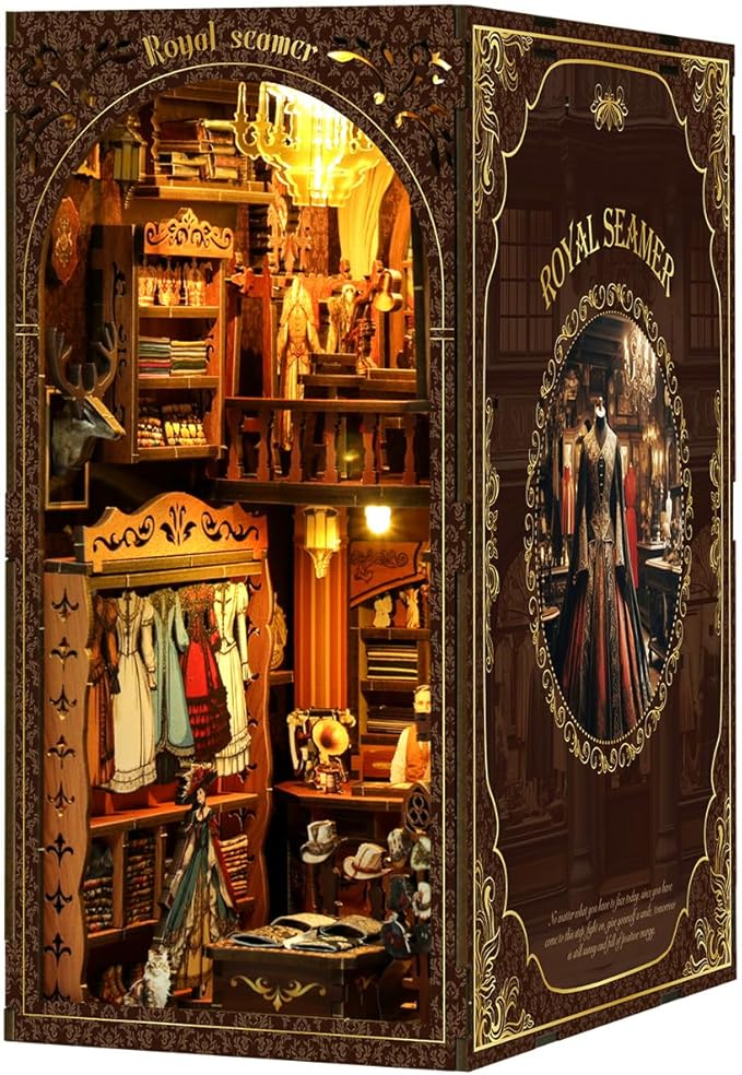 Book Nook Kit - DIY Miniature Dolls House Kit with Furniture and LED Light, 3D Puzzle Wooden Art Bookends, Model Kits for for Adults and Teens (Royal Tailor Shop)