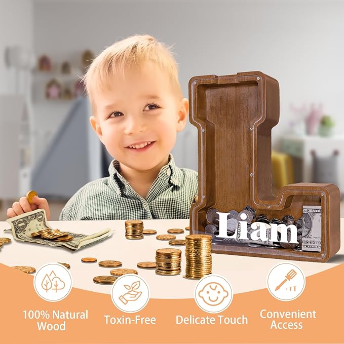 Wooden Letter Piggy Bank for Kids Larger Letter Piggy Bank for Boys and Girls Personalized Piggy Bank Initial Coin Bank Wood Kids Money Bank for Birthday and Festival