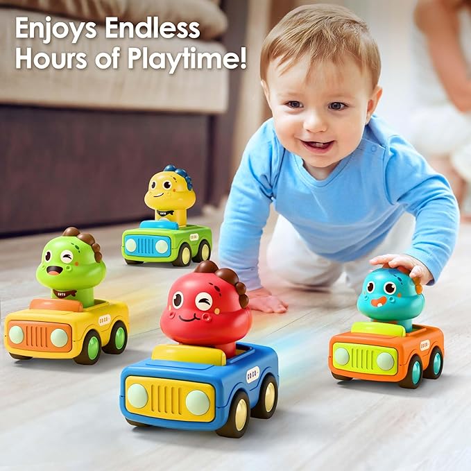 iPlay, iLearn Press to Go Car Toys for Toddlers 1-3, Baby Animal Race Cars, Infant Play Vehicle Set, Boy Push Go Friction Dino Cars for 6-9-12-18 Month, 1st Birthday Gift Stuffer for 1-2 Years Old Kid