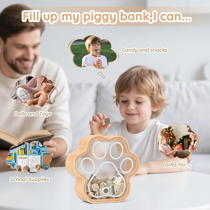 KMC Large Wooden Cat Caw Piggy Bank, Dog Paw Saving Money Box for Boy Clear Piggy Bank for Girl Large Initial Coin Bank Personalized Gift for Birthday and Festival(Natural)