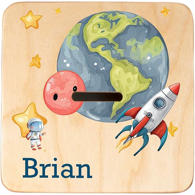 Wooden Piggy Bank for Kids and Adults, Personalized Gift Handmade in USA by BloomOwl, Custom Piggy Bank, Personalized Banks for Kids, Gifts for Baby Boys and Girls (Astronaut)