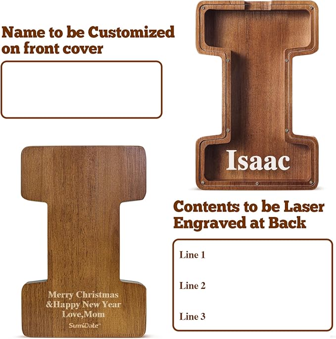 Summidate Customized Name Large Wooden Piggy Bank for Kids Boys Girls Alphabets Letter A-Z Coins Bills Money Change Bank Box Initial on Clear Cover (Laser Engraved) (Alphabet-I, Personalized-12)