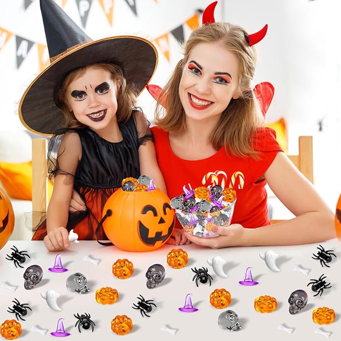 110 Pcs Halloween Vase Filler, Mini Acrylic Pumpkin Ghost Skull Spider Witch Hats Gems for Centerpieces Table Decorations, Halloween Sensory Bin Filler for DIY Crafts