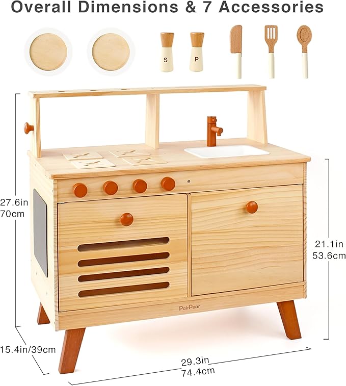 PairPear Wooden Play Kitchen Set, Solid Pine Wood 2 in 1 Kids Kitchen & Market Shelf with Chalkboard, Natural Finish, 7 Piece Pretend Play Kitchen playset for Age 3+