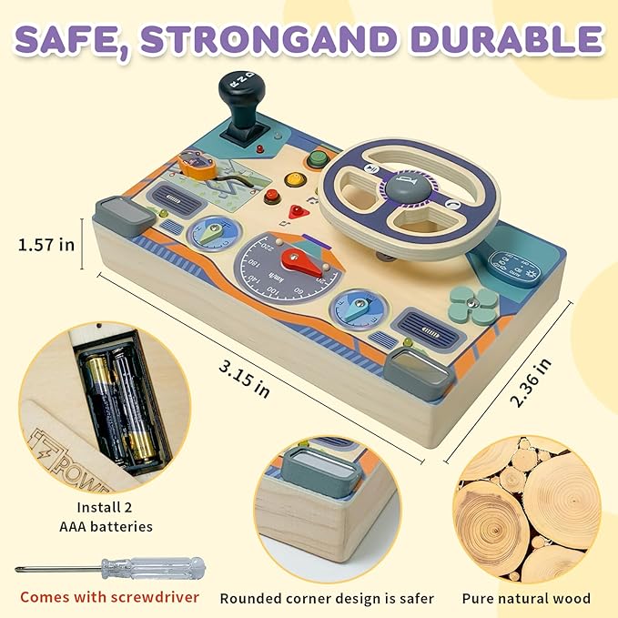 Montessori Toddler Toys Busy Board with Led Light Interactive Wooden Dashboard Steering Wheel for 1 2 3 4 Year Old Sensory Toys Toddler Activities for Boys Girls Gift