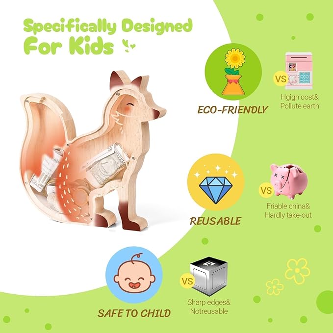 Wooden Fox Piggy Banks for Kids, Adorable Fox Piggy Bank with Acrylic Panels, Unbreakable Toddler Money Box for Girls Adults Boys, Cute Saving Coin Jar for Birthday Décor
