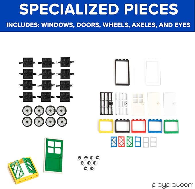 Play Platoon 1100 Pieces Building Bricks Set - 10 Classic Color Blocks - Bulk Building Blocks Compatible with Major Brands, 14 Different Shape Bricks - Includes Wheels, Tires, Axles, Windows & Door
