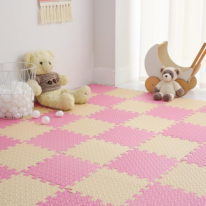 16 Tiles, 0.4 Inch Thicked Interlocking Floor Mats with Solid Colors, Squares Baby Play Mat, EVA Foam Puzzle Floor Mat Foam Mats for Kids, Baby, Toddlers (Beige/Pink)
