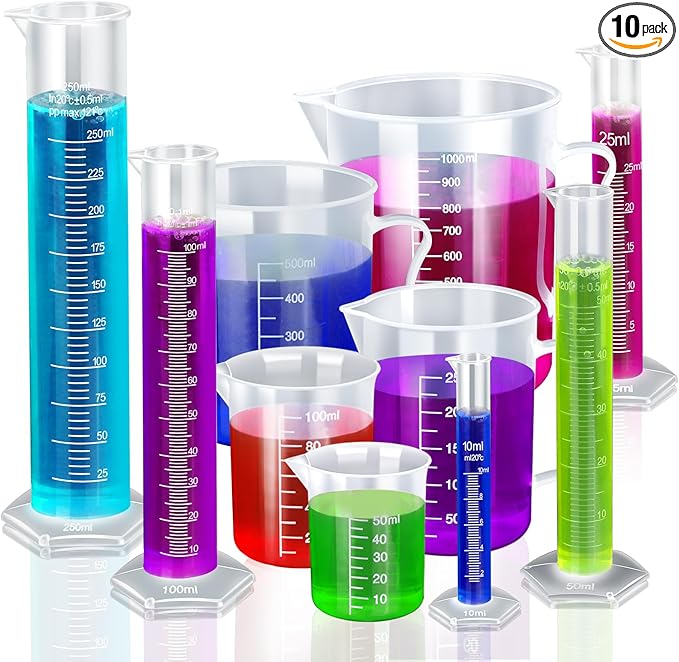 Teenitor Graduated Cylinder Plastic Beaker, 5pcs Plastic Graduated Cylinder 10ml 25ml 50ml 100ml 250ml and 5pcs Plastic Beakers 50ml 100ml 250ml 500ml1000ml Clear 10pcs