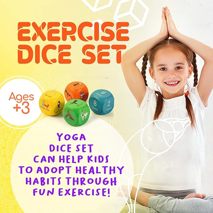 Fun Fitness Dice for Kids - Children's Workout Dice and Yoga Dice Set - Fitness Exercise Dice Game with Kids Yoga Poses - Childrens Foam Exercise Dice, Great Kids Exercise Equipment - Kids Ages 3+