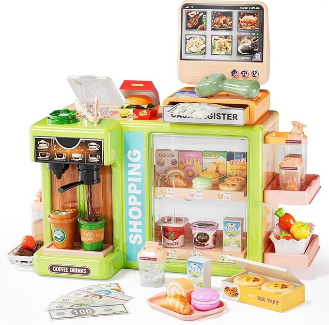 Toddler Toy Grocery Store, Supermarket Playset with Touch Voice Cash Register, Scanner, Coffee Maker, Play Food, Play Money, Pretend Play Toys for Toddlers Kids Birthday