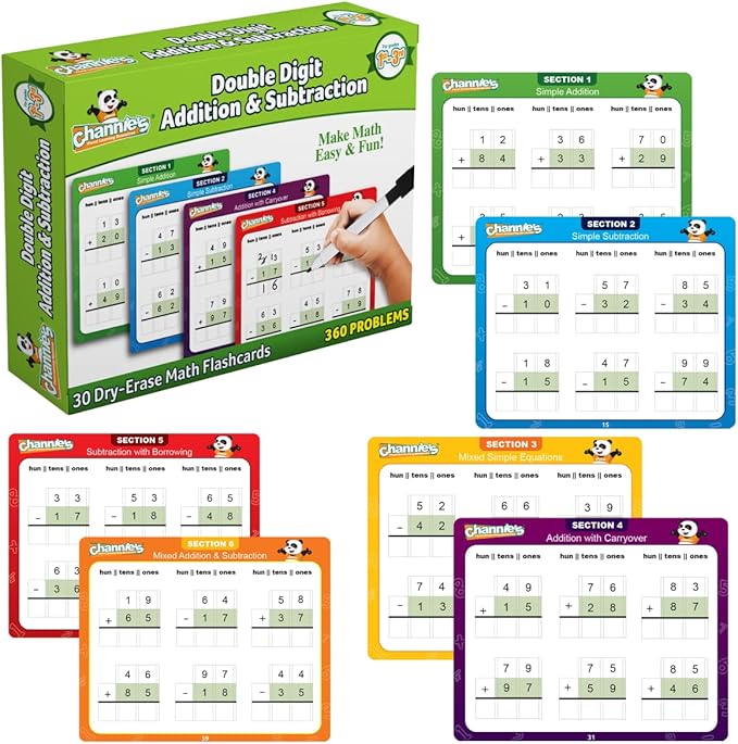 Channie’s Double Digit Addition and Subtraction Flash Cards, 30 Dry Erase Educational Math Flash Cards for Kids, Ideal for 1st to 3rd Grade, Level 2 Color-Coded Cards, 360 Two-Digit Problems