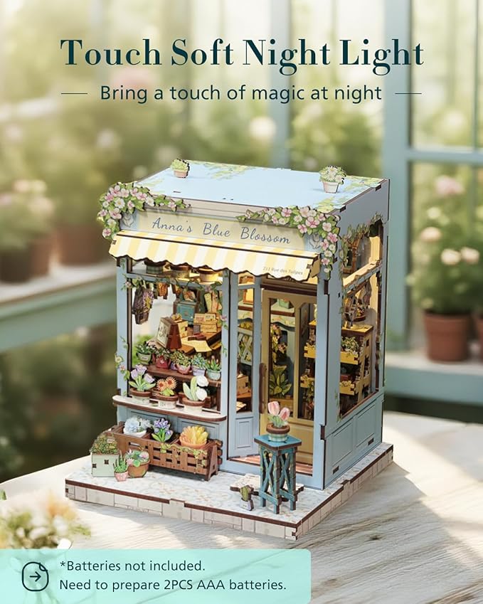 Cutefun Book Nook Kit - DIY Miniature House Kit for Adults and Teens, 3D Wooden Puzzle Mini House Building Kit with LED, Dollhouse Kit Bookshelf Insert Decor Creative Gifts (Anna's Blue Blossom)