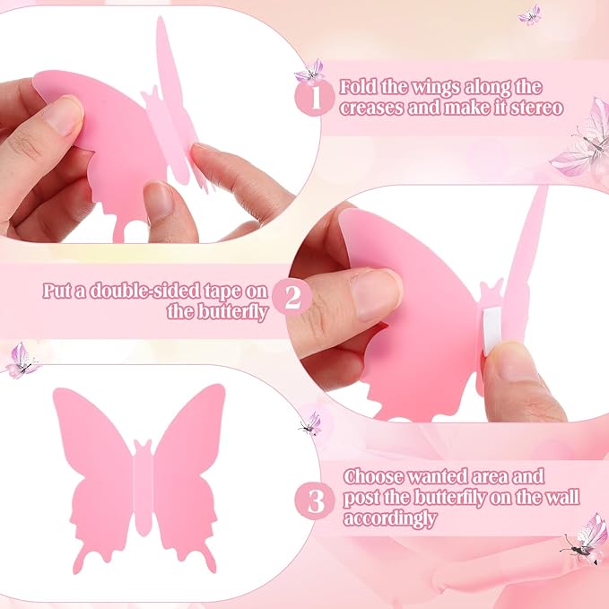 BBTO 48 Pieces Butterfly Wall Decor DIY Mirror 3D Butterfly Stickers Removable Decals for Home Bedroom School Bathroom Living Room Decor(Pink)