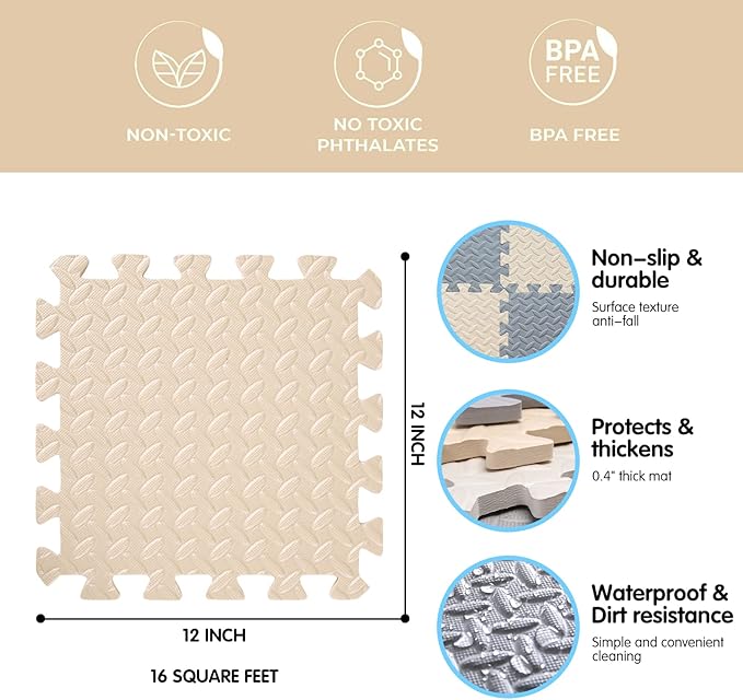 16 Tiles Foam Play Mat for Baby, Soft & Safe EVA Foam Mats for Floor, Square Baby Play Mat, Solid Colored Kids Foam Puzzle Floor Mat, 47x47 Play Mat for Playpen(Beige/Gray)