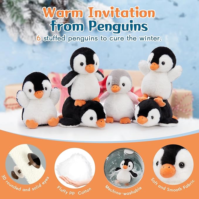 MaoGoLan 6Pcs Penguin Plush 10 inch Stuffed Penguins in Bulk, Fluffy Penguin Stuffed Animals Arctic Theme Party Favors for Girls Kids Christmas Decorations Valentine's Day Birthday Gift
