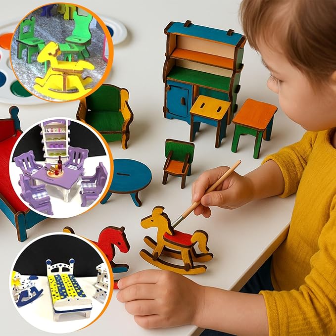 LOVEINUSA DIY Wooden Dollhouse Furniture Set, 3D Puzzle Miniature Room Accessories, Natural Wood (Pack of 2)