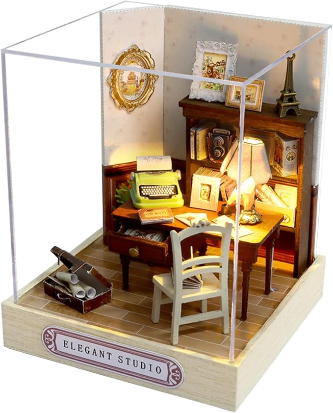 CUTEROOM DIY Doll Room Miniature Furniture Wooden House Kit - Wooden Dolls House Kit with Dust Cover & LED Light and Accessories - QT Series Dollhouse (QT031)