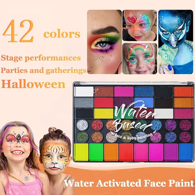 Professional Face Paint Set for Kids,42 Colors Non-toxic Water Activated Face Painting Makeup Palette .Includes Multiple makeup tools.Ideal for Halloween,Carnival,Cosplay,Party,SFX Arty Stage Makeup.
