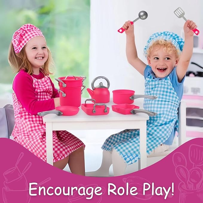 Pink Play Kitchen Cookware Toys Pots and Pans Cooking Utensils Accessories Pretend Playset for Toddlers, Kids, Girls (13 Pcs)