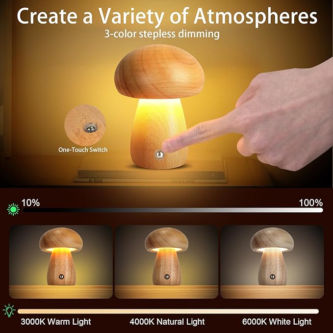 2 PCS Small Wooden Mushroom Lamp, Portable Cordless Rechargeable LED Touch Dimming Night Light, Perfect for Kids' Bedrooms, Nurseries & Gifts for Women, Natural Brown Finish