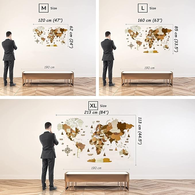 Wooden World Map 3D Art Large Wall Decor - Size (M & L & XL) Any Occasion Gift Idea - Wall Art For Home & Kitchen or Office (CALIFORNIA, 83,86" x 44,49")