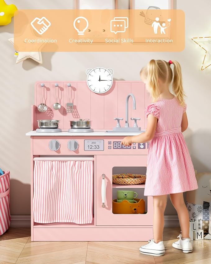 MAMIZO Kids Kitchen Playset with Ample Storage, Interactive Play Kitchen with Simulated Gas Cooker, Clicking Knobs, Sink, Faucet, 6 Pcs Cookware, Educational Clock for Toddlers (Pink)