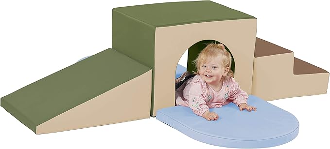 Factory Direct Partners 10408-ET SoftScape Single Tunnel Play Foam Climber Plus, Beginner Toddler Soft Structure for Active Playtime (5-Piece Set) - Earthtone
