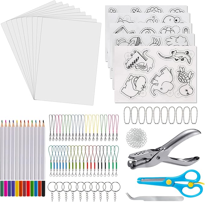 chfine Heat Shrink Plastic Sheets Keychain Kit, 200Pcs Shrinky Dink Sheets Kit Shrink Art Kits Including 20 Pcs Shrink Paper Sheets, Hole Punch, Pencils, Keychains, Tweezers, Scissors for Crafts
