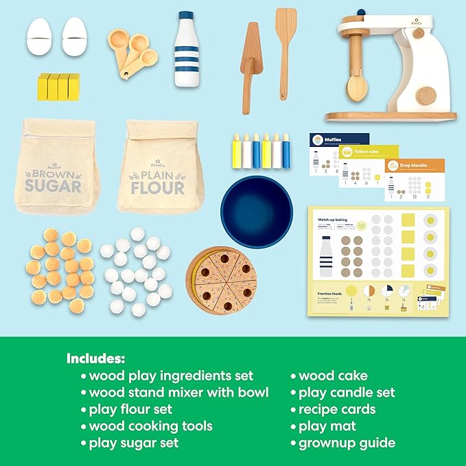 KiwiCo Bake-a-Cake Stand Mixer | Play Kitchen | Kids Baking Set Ages 3+ | Learn Early Math with Wooden Kitchen Play Set | Includes Ingredients, Stand Mixer, Measuring Spoons, Recipe Cards and More