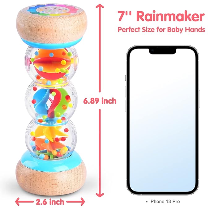 Rainmaker - Montessori Baby Toys for 6-12 Months 1 Year Old, Newborn Baby Rattle Shaker Sensory Toy, 7 inch Wooden Rain Stick Baby Musical Toys for 6 7 8 9 10 Month Infant Toddlers Gift