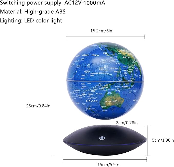 Floating Globe Magnetic Levitation with LED Color Changing Light and Touch Control, Magnetic Levitating Globe for Desk Office Home Decor Educational Gift for Men Father Boys Boss,Blue