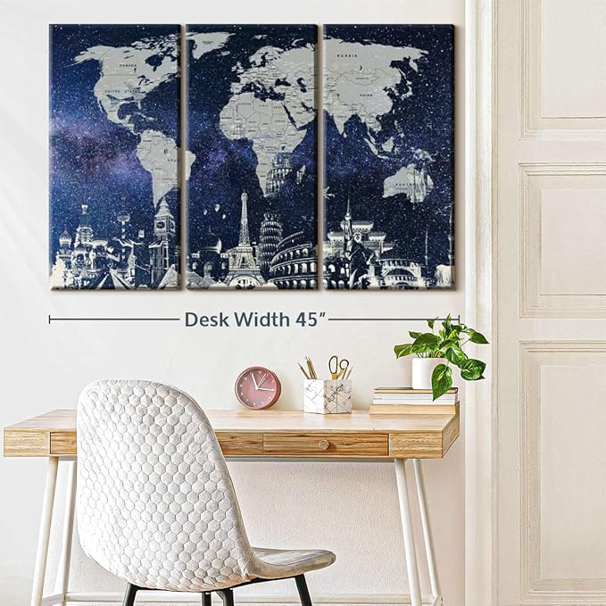 ElephantStock Starry World Map Multi Piece Canvas - 3 Panel Wall Decor - Map of the World Art - Canvas for the Office and Home - 45" X 28"