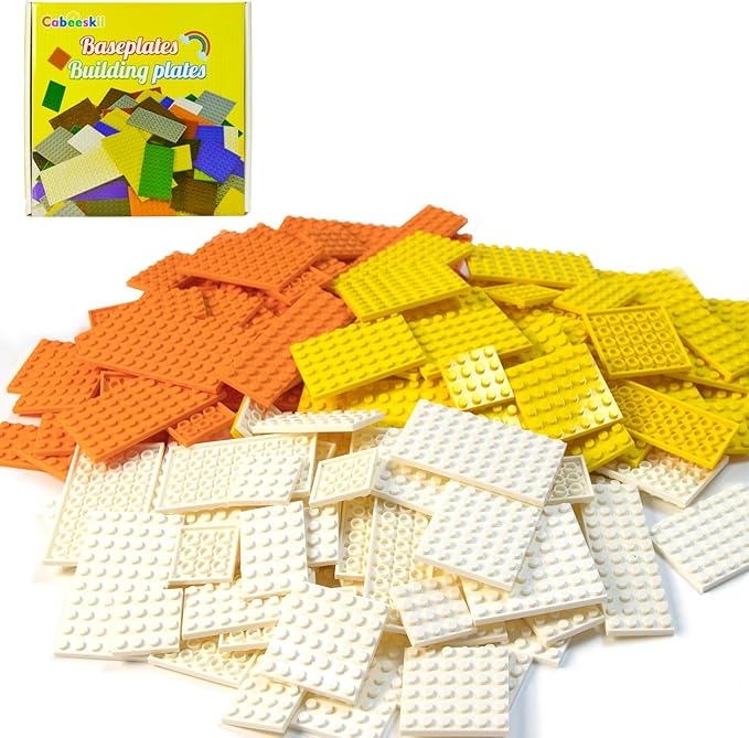 130 Pieces Classic Building Plate, 3 Color with 11 Size Building Plate Base Plate, Compatible with Lego Parts and Pieces, for Most Brands (White, Yellow, Orange)