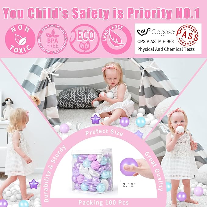 GOGOSO Ball Pit Balls Stars Moon Shapes Plastic Pitballs for Toddler Play Tent Baby Photo Props Kids Pool Water Toys Kiddie Pool Party Decor, Pearl Pink+Pearl Purple+Pearl Light Blue,100PCS