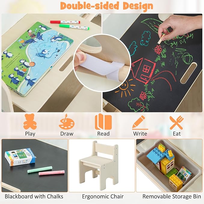 Costzon Kids Tent, 6-in-1 Wooden Frame Play House with Table and Chair Set, Blackboard, Side Storage Bag & Soft Floor Mat, Indoor Playhouse for Boys Girls Aged 2-6 Years Old