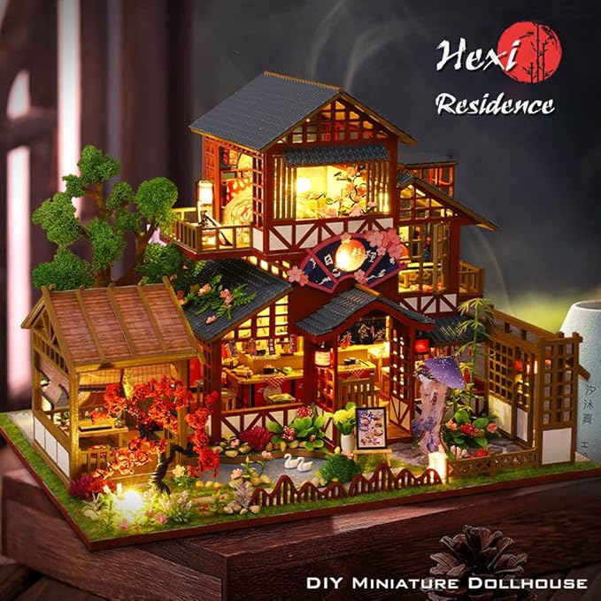 Yuzhen DIY Miniature Dollhouse with Furniture and LED Lights, Japanese Style Wooden Mini-Restaurant Includes Dustcover and Music Movement, Exquisite Home Decor