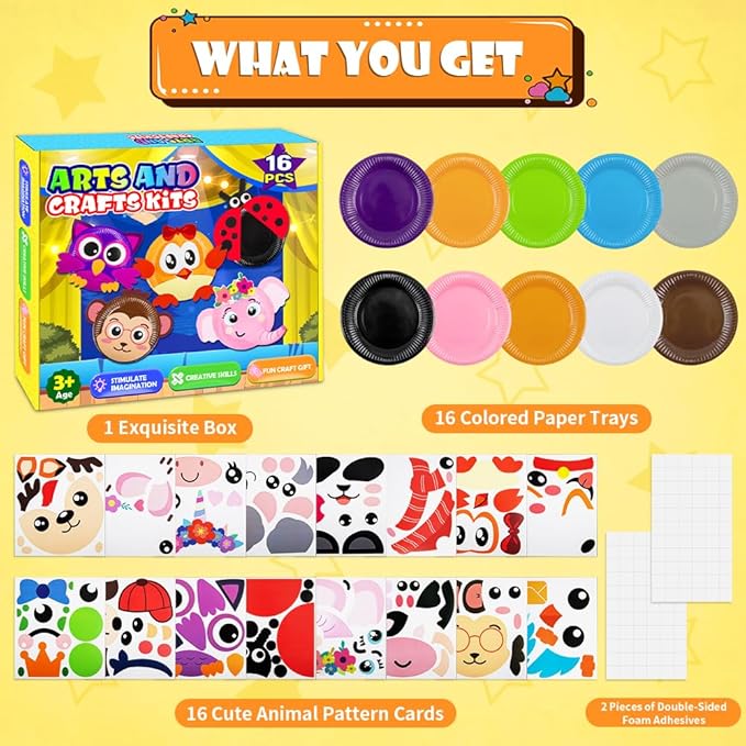 16 Pack Arts and Crafts for Kids, Toddler Crafts Animal Paper Plate Art Kit Gift for 3 4 5 6 Year Old Boys Girls DIY Kids for Birthday Party Favor Preschool Classroom Party Games