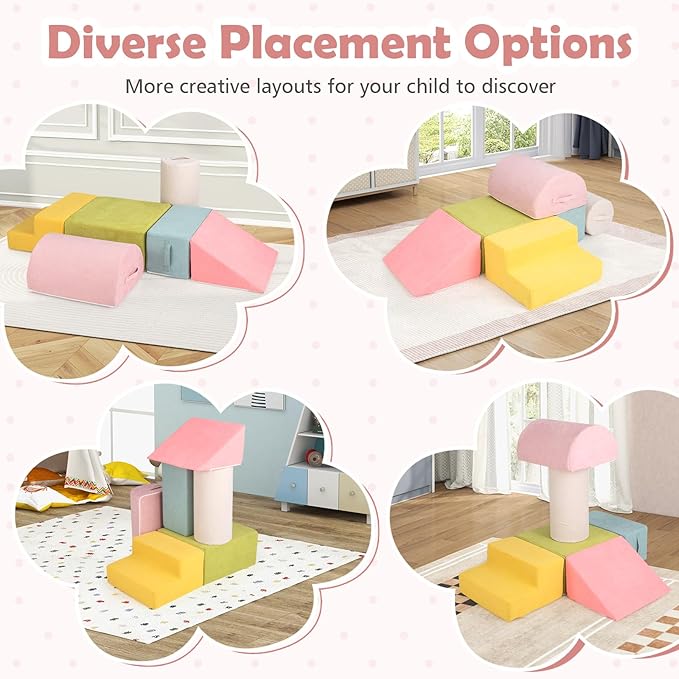 Costzon Toddler Climbing Toys Indoor, 6 Pieces Foam Climbing Blocks for Baby Inside with Skin-Friendly Chenille Fabric, 30D High-Density Foam & Carrying Handles, Soft Play Climbing for Toddlers (Pink)