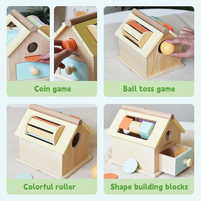 Wooden Montessori Toys for Toddlers 1-3, 4-in-1 Newborn Learning Educational Sets with Spinning Drum, Coin Box,Ball Drop, Shape Sorter - Christmas Birthday Gift for Boys Girls