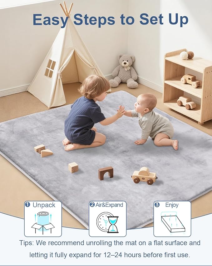 Thick Baby Play Mat for Floor,Padded Foam 59x59 Playpen Mat,Ultra Soft Support&Plush Feel Nursery Rug,Non Slip for Toddler, Infants,Kids Play,Yoga,Baby Crawling,Tummy Time(Light Grey)