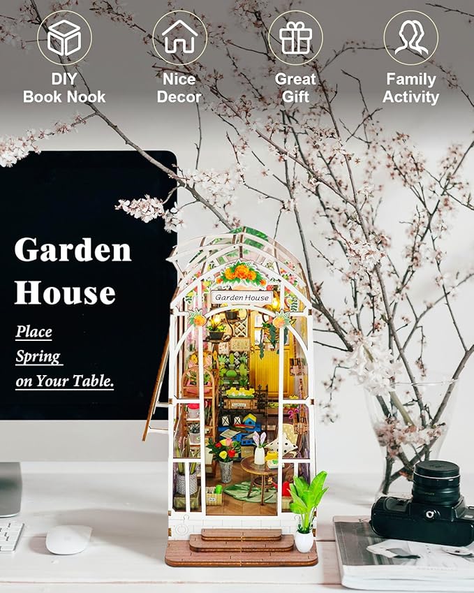 Book Nook Kit Garden House, DIY Miniature Book Nook Kits for Adults with LED Light, 3D Puzzle Bookshelf Decor Gift for Teens Women Family