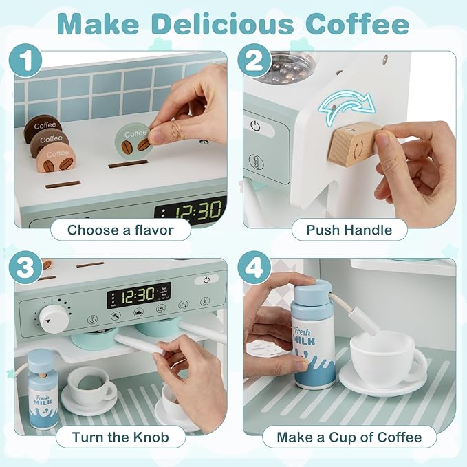 INFANS Kids Kitchen Playset, Toddler Wooden Kitchen Pretend Cooking Toy Set with Coffee Maker Ice Machine Dishwasher Microwave Storage Cabinet, Simulation Play Kitchen for Boys Girls 3+ (Blue)