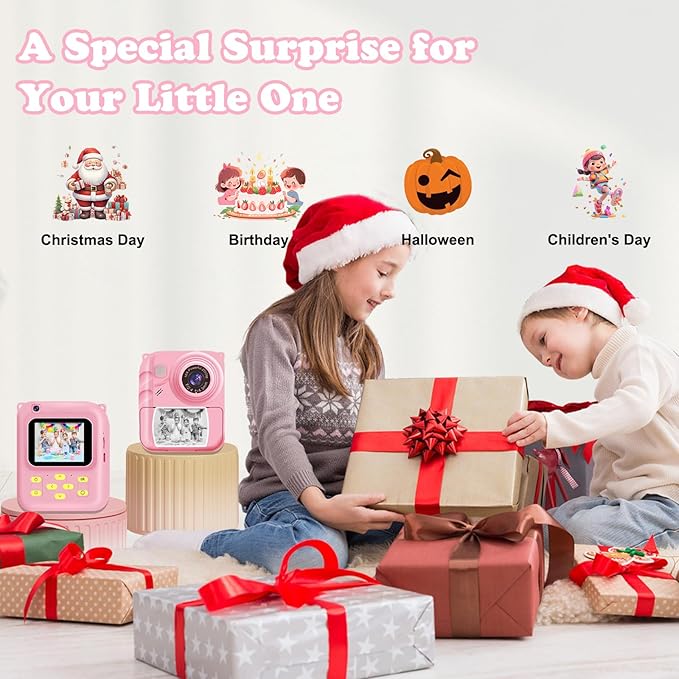Instant Print Camera for Kids, 1080P Video Camera with 3 Print Rolls, 32GB Card & Cute Cover, Gift for Girls Boys Age 3-12, Toddler Digital Camera with Games, Filters, Music – Pink