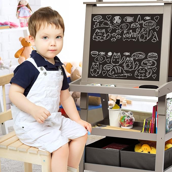 Costzon Kids Art Easel, 3 in 1 Double-Sided Wooden Easel w/Magnetic Whiteboard, Chalkboard & Paper Roll, 2-Tier Rack w/ 2 Storage Boxes, Standing Easel for Kids, Toddlers, Boys, Girls (Grey)