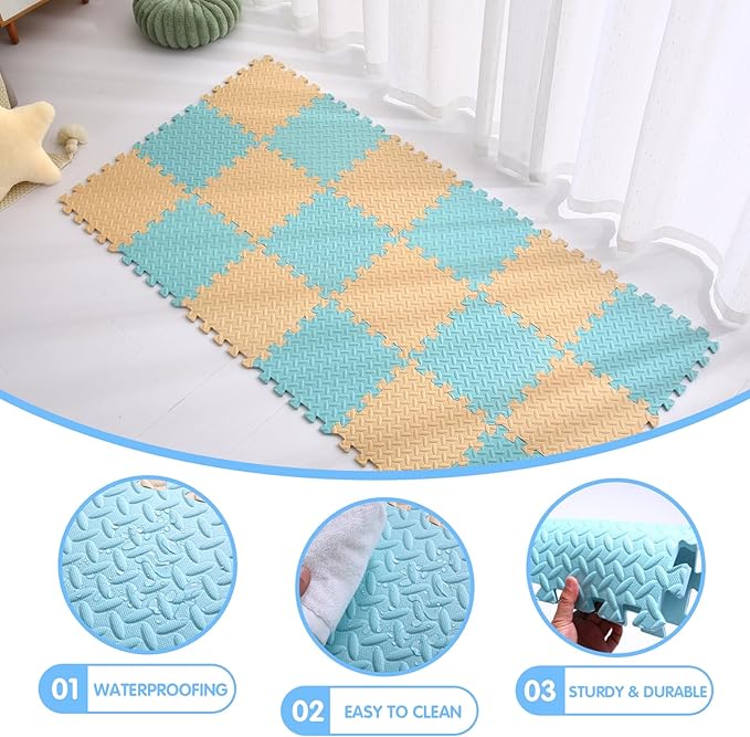 Foam Play Mat for Baby, 0.4 Inch Thick Foam Interlocking Floor Mats, Soft Non-Toxic Baby Playmat, Solid Colored Puzzle Play Mat Kids Floor Mats for Toddler, 16 Tiles(Beige/Light Blue)